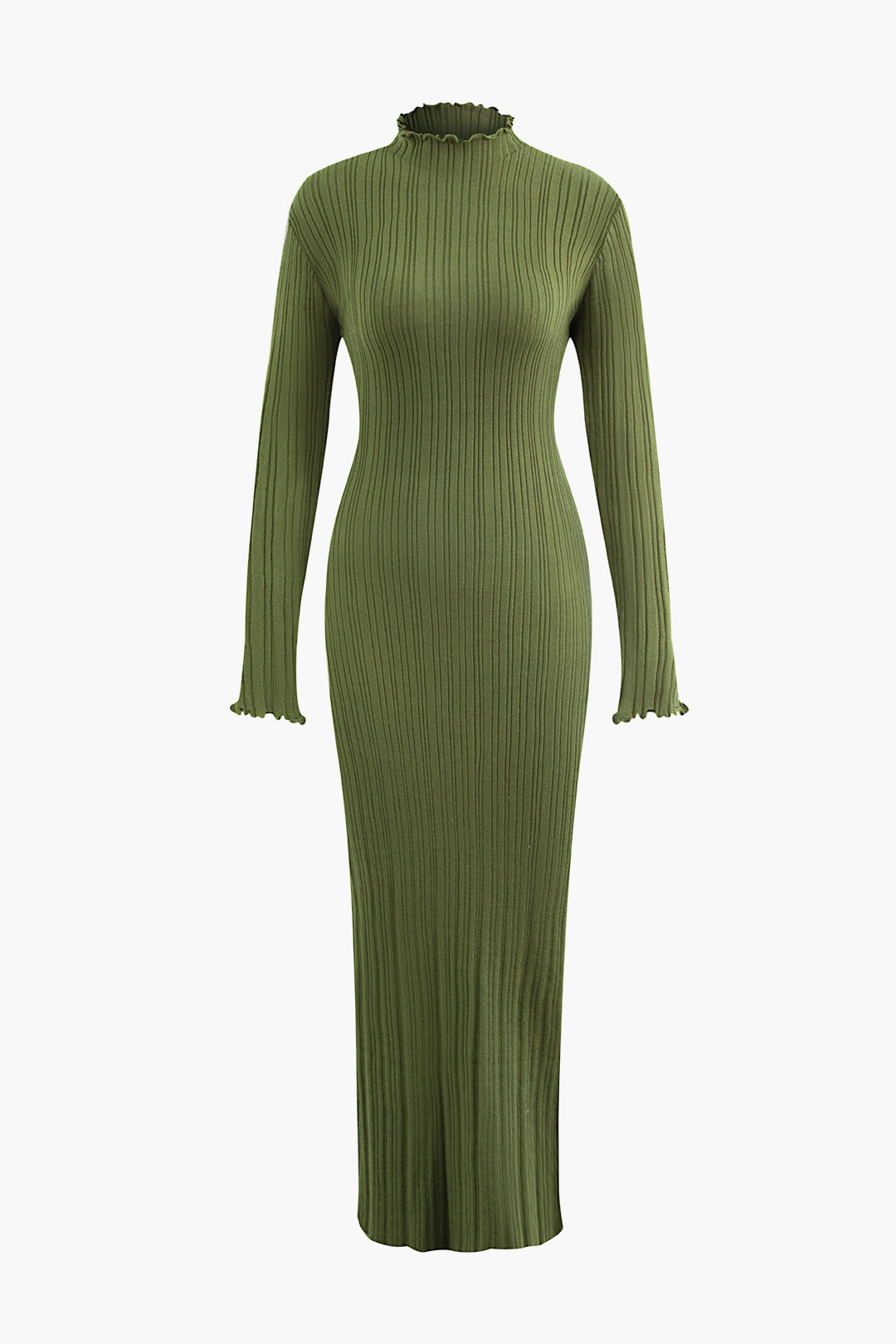 Chic Solid Mock Neck Rib Knit Lettuce Trim Maxi Dress for Y2K Aesthetic Outfits