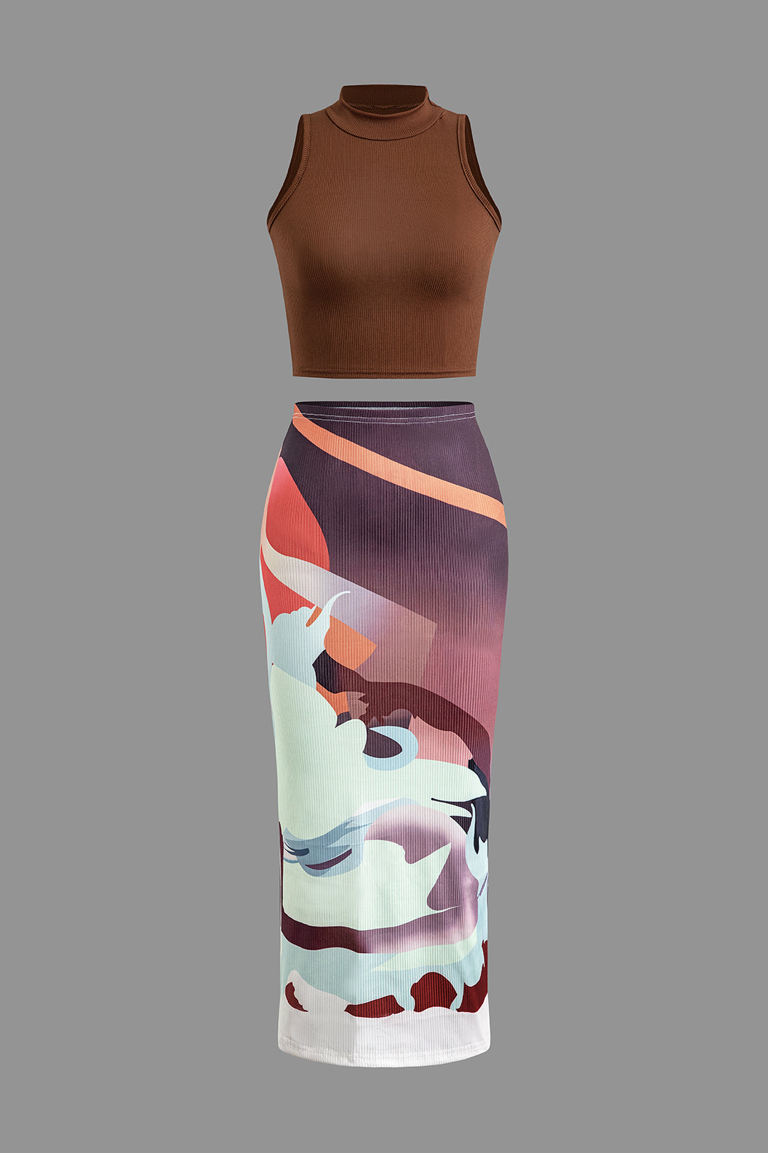 Chic Solid Mock Neck Tank Top & Abstract Print Midi Skirt Set for Y2K Aesthetic Outfits