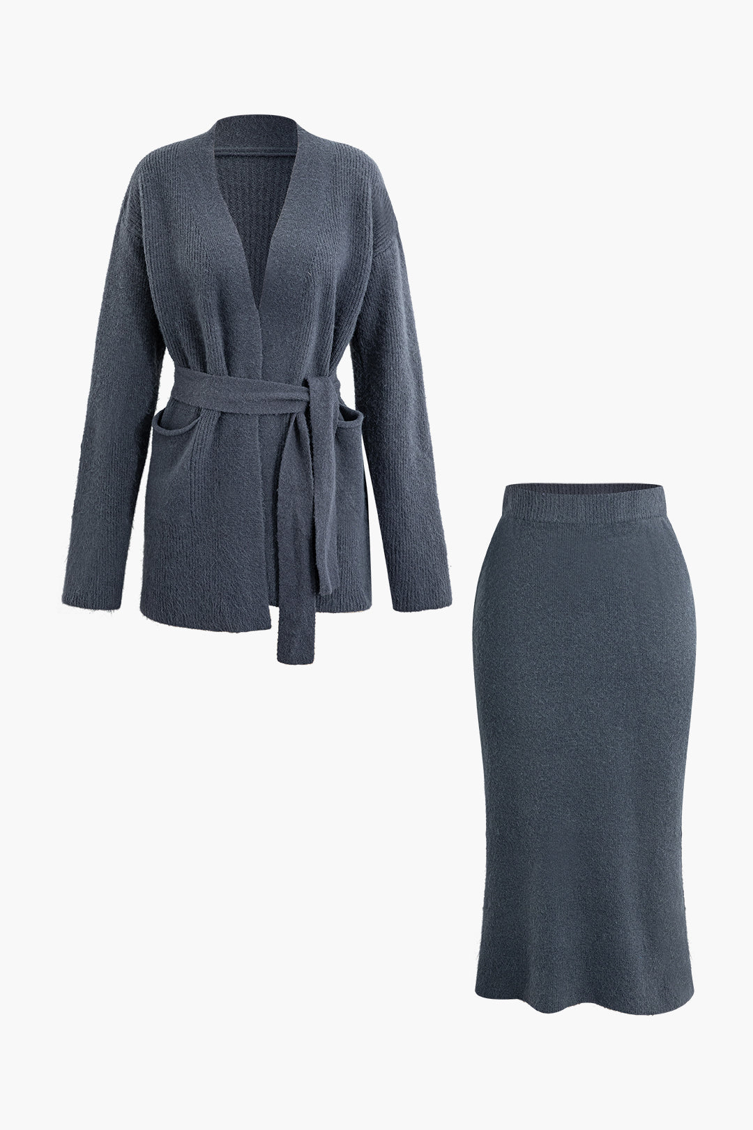 Chic Solid Pocket Tie Knit Cardigan and Midi Skirt Set for Y2K Aesthetic Outfits