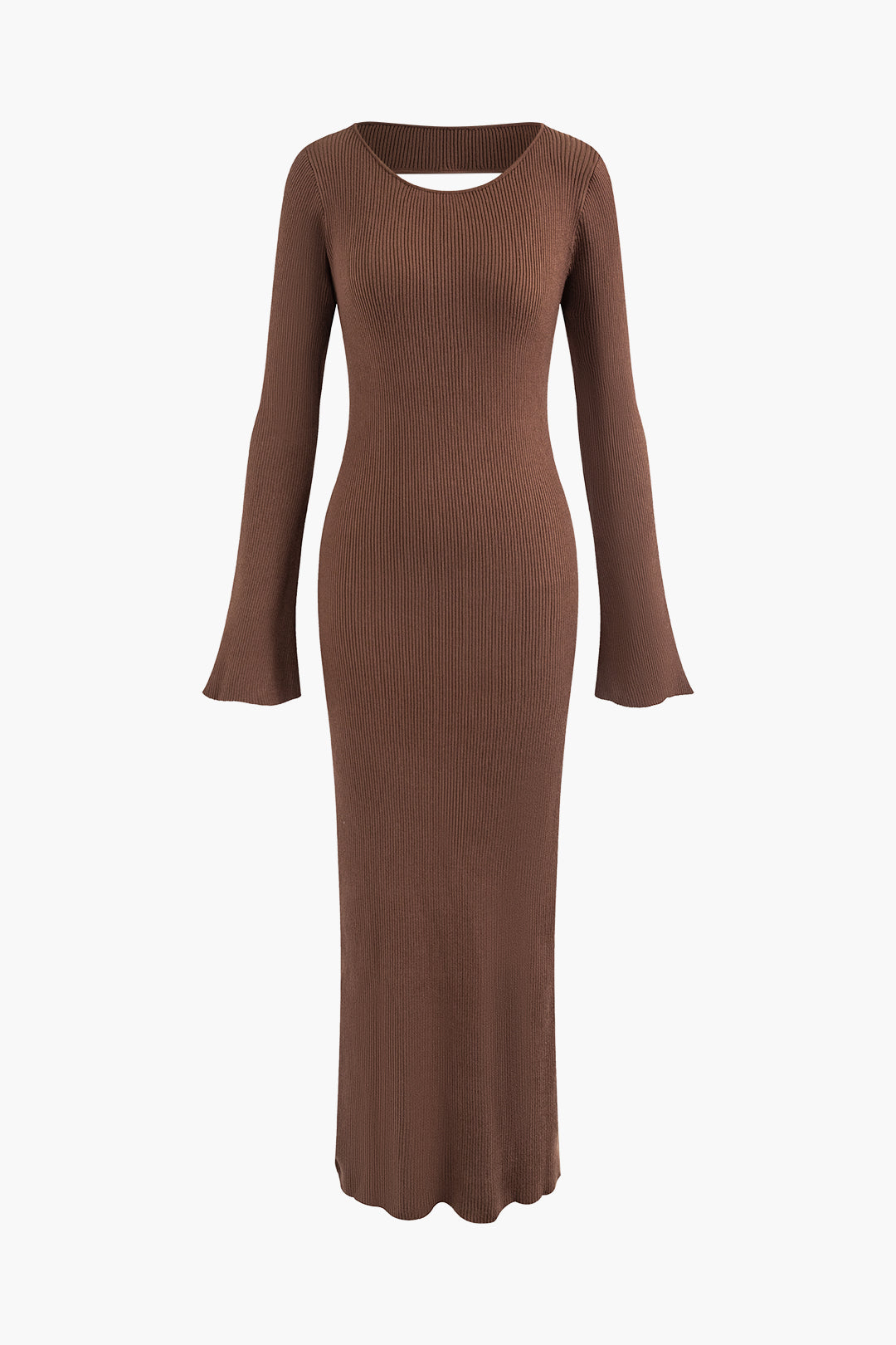 Chic Solid Rib Knit Backless Maxi Dress with Bell Sleeves for Y2K Aesthetic Style