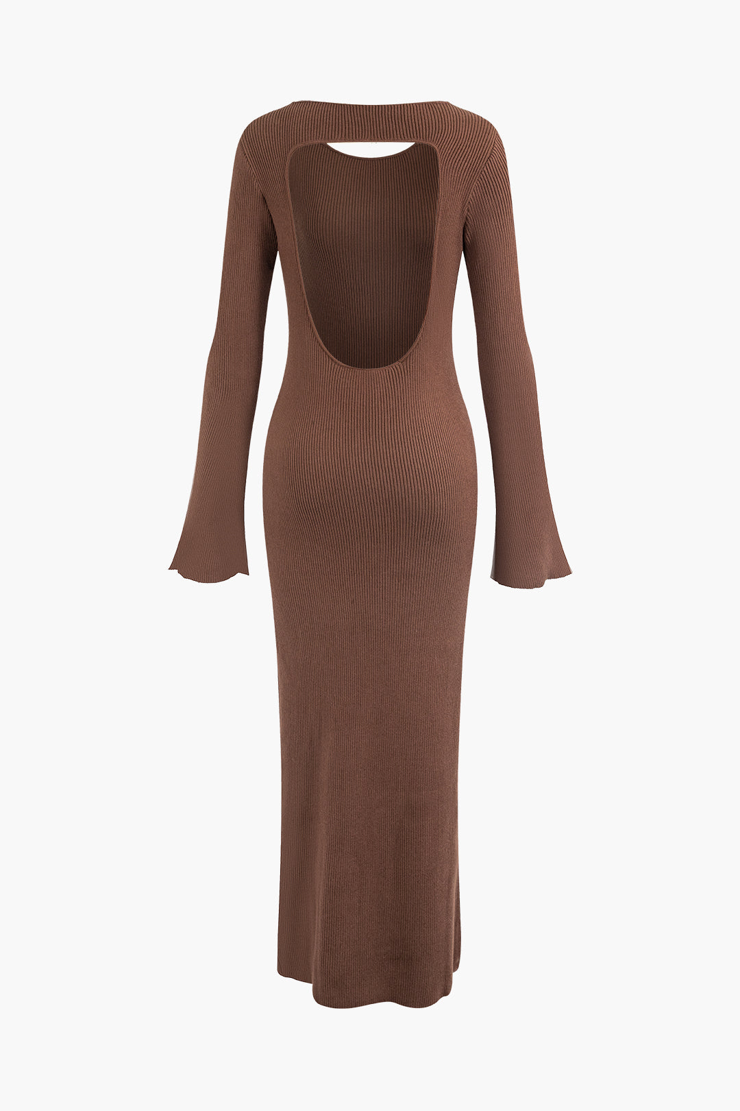 Chic Solid Rib Knit Backless Maxi Dress with Bell Sleeves for Y2K Aesthetic Style