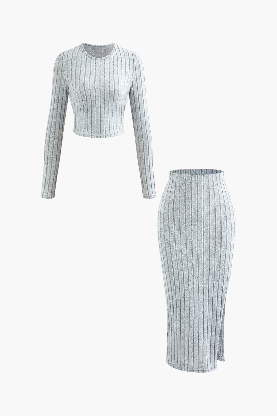 Chic Solid Rib Knit Round Neck Long Sleeve Top & Slit Skirt Set for Y2K Aesthetic Outfits