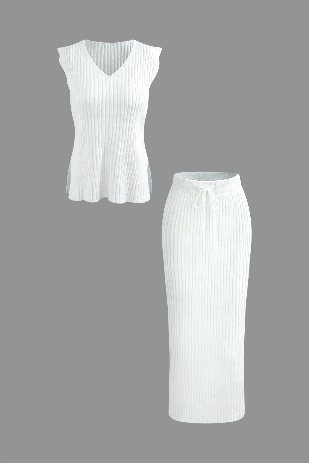 Chic Solid Rib Knit V-Neck Split Tank Top & Drawstring Midi Skirt Set for Y2K Aesthetic