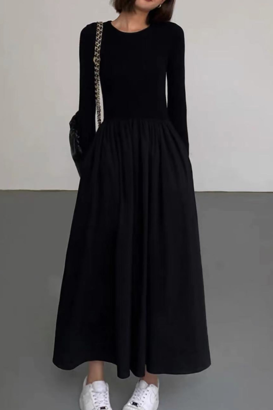 Chic Solid Round Neck Long Sleeve Maxi Dress for Effortless Y2K Style and Comfort