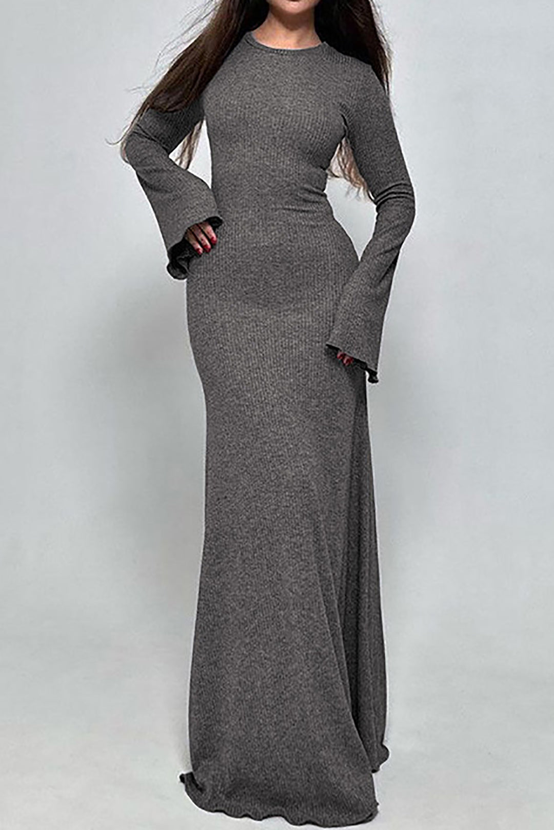 Chic Solid Round Neck Long Sleeve Mermaid Maxi Dress for Y2K and Coquette Aesthetic Styles