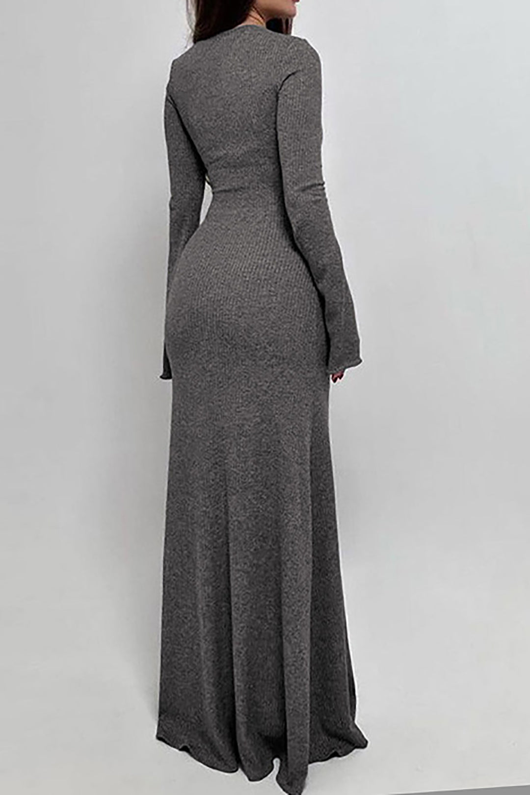 Chic Solid Round Neck Long Sleeve Mermaid Maxi Dress for Y2K and Coquette Aesthetic Styles