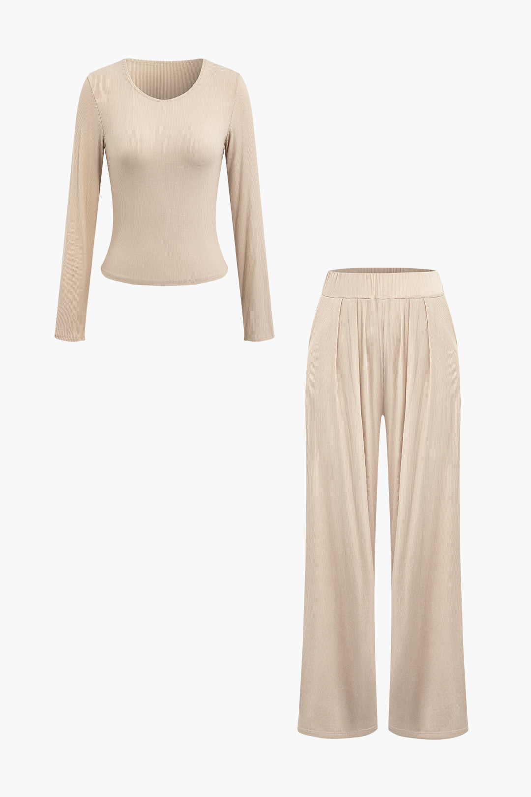 Chic Solid Round Neck Long Sleeve Top & Pleated Straight Leg Pants Set for Y2K Aesthetic