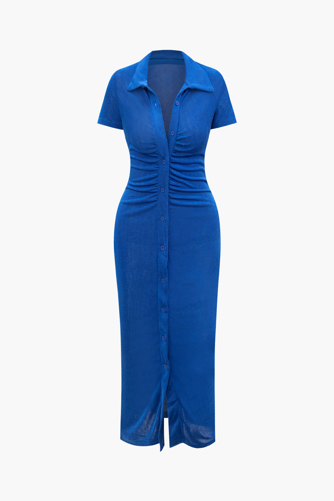 Chic Solid Ruched Button-Up Collar Midi Dress for Y2K Aesthetic and Coquette Style