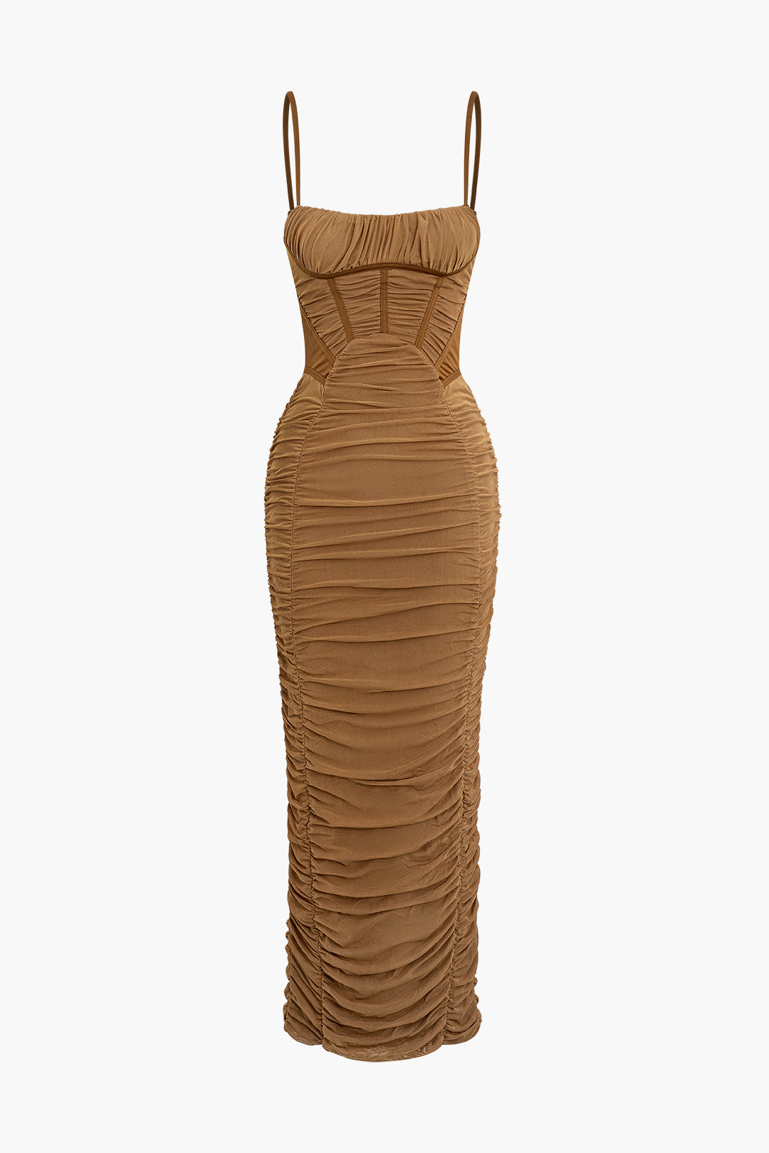 Chic Solid Ruched Mesh Slip Maxi Dress for Y2K Aesthetic and Coquette Style Lovers