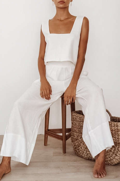 Chic Solid Square Neck Tank Top & Pleated Wide Leg Pants Set for Effortless Y2K Style