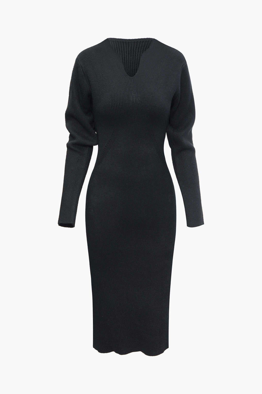 Chic Solid V-Neck Rib Knit Long Sleeve Midi Dress for Effortless Y2K Aesthetic Style