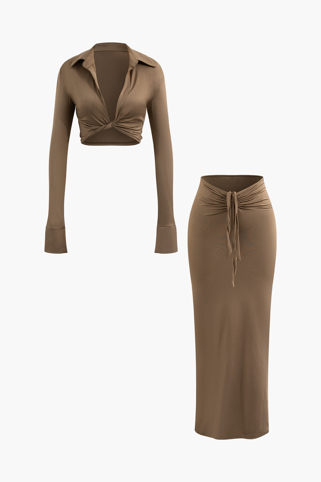 Chic Solid V-Neck Twist Long Sleeve Top with Ruched Maxi Skirt Set for Y2K Aesthetic Outfits