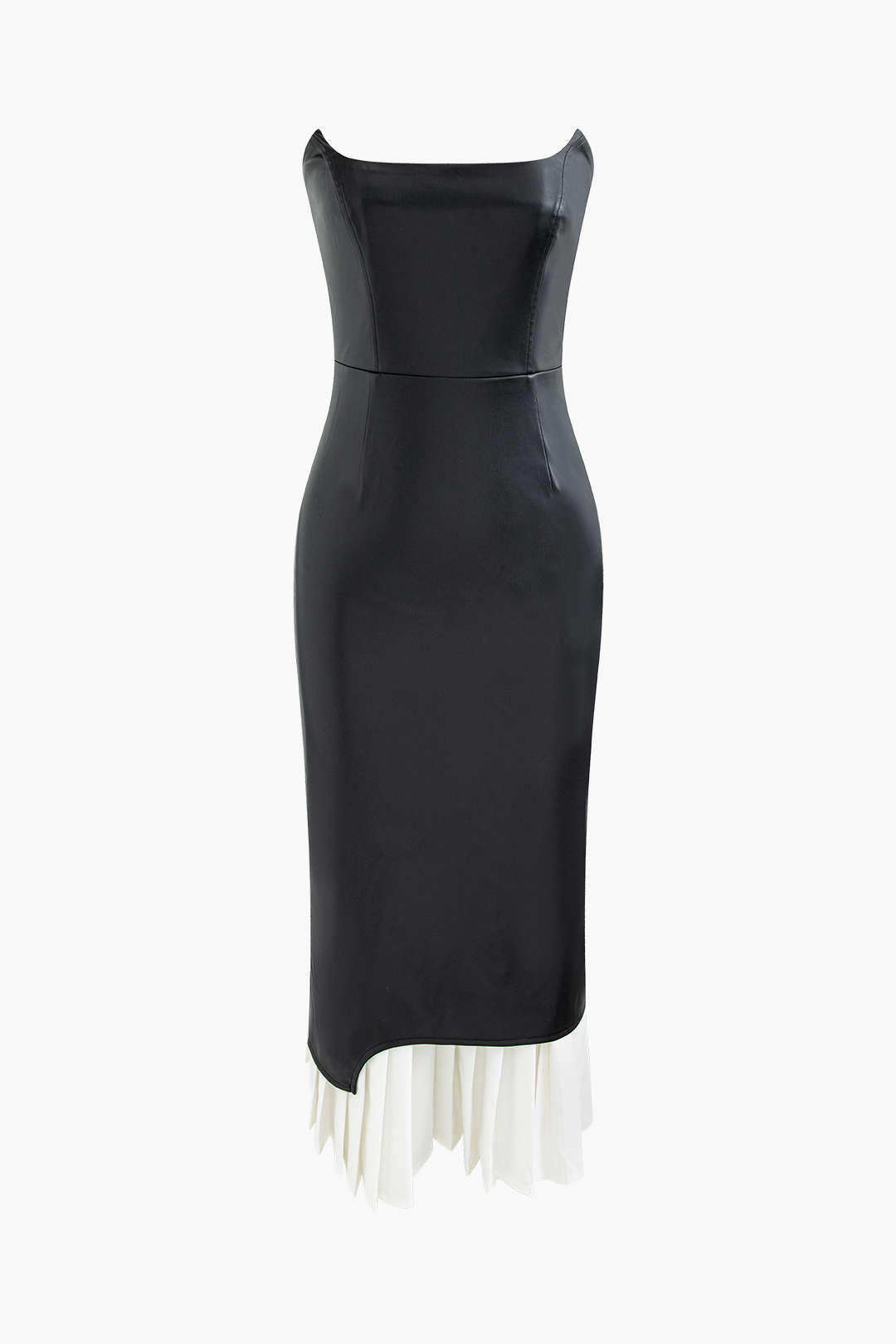 Chic Strapless Faux Leather Pleated Midi Dress for Y2K Fashion & Coquette Aesthetic