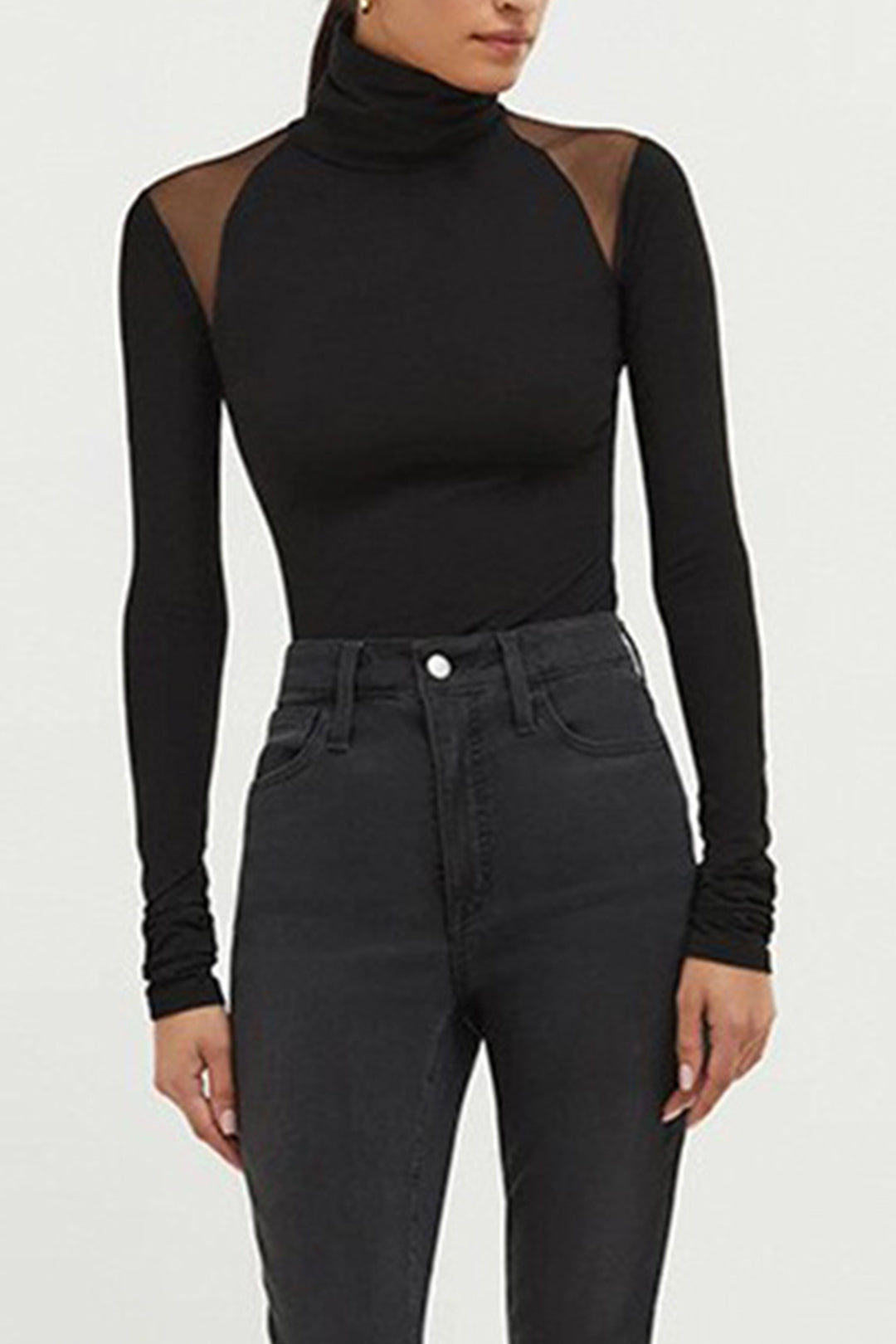 Chic Turtleneck Mesh Paneled Long Sleeve Bodysuit for Y2K Aesthetic Outfits