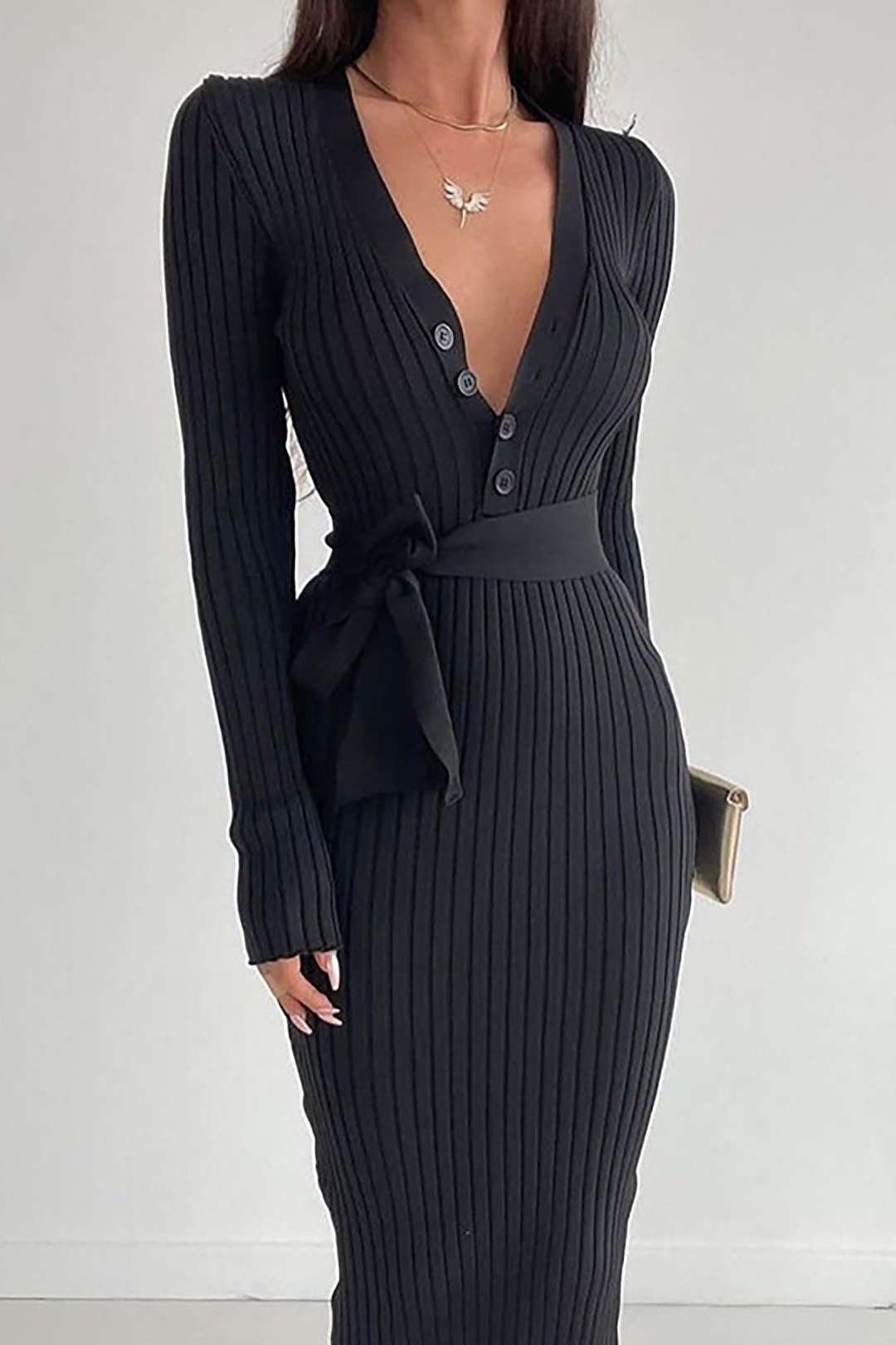 Chic V Neck Button Up Long Sleeve Knit Maxi Dress for Effortless Y2K Style