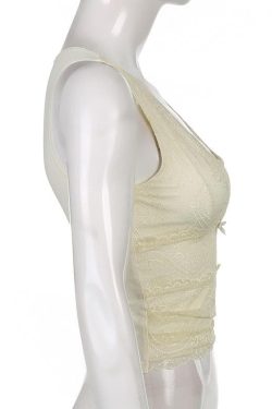 Chic V-Neck Sleeveless Lace Hem Top for Y2K Fashion & Coquette Aesthetic Outfits