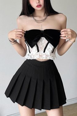 Chic Velvet Bowknot Lace Ruffle Backless Tube Crop Top for Y2K and Coquette Aesthetic