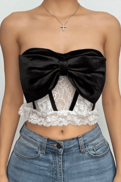 Chic Velvet Bowknot Lace Ruffle Backless Tube Crop Top for Y2K and Coquette Aesthetic