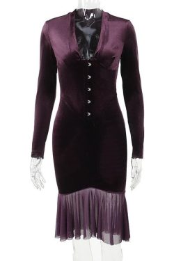 Chic Velvet Button Ruffle Long Sleeve V-Neck Midi Dress for Y2K Aesthetic Lovers