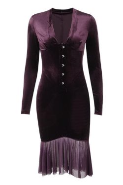 Chic Velvet Button Ruffle Long Sleeve V-Neck Midi Dress for Y2K Aesthetic Lovers