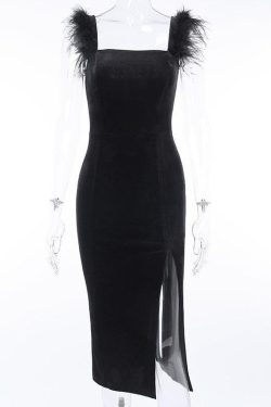 Chic Velvet Feather Sleeveless Slit Zip-Up Midi Dress for Y2K and Coquette Aesthetic