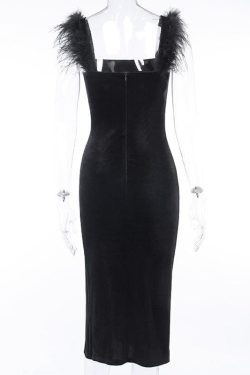 Chic Velvet Feather Sleeveless Slit Zip-Up Midi Dress for Y2K and Coquette Aesthetic