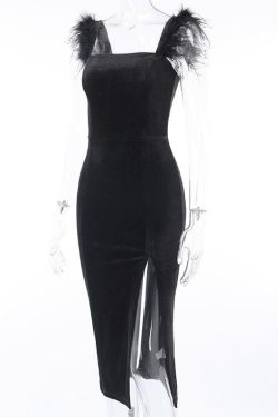 Chic Velvet Feather Sleeveless Slit Zip-Up Midi Dress for Y2K and Coquette Aesthetic