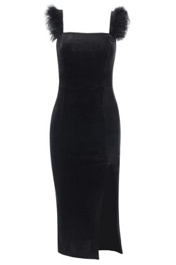 Chic Velvet Feather Sleeveless Slit Zip-Up Midi Dress for Y2K and Coquette Aesthetic