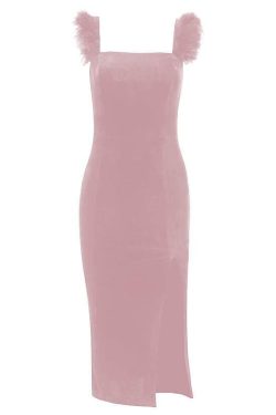 Chic Velvet Feather Sleeveless Slit Zip-Up Midi Dress for Y2K and Coquette Aesthetic