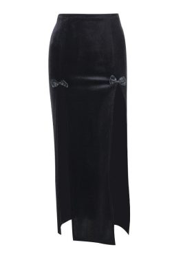 Chic Velvet High Rise Maxi Skirt with Slit and Bowknot Detail for Y2K Aesthetic