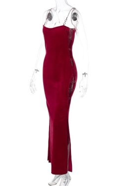 Chic Velvet O-Ring Hollow Out Backless Maxi Dress for Y2K and Coquette Aesthetic