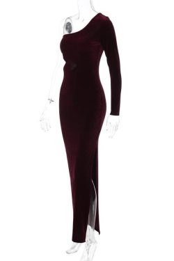 Chic Velvet One-Shoulder Slit Midi Dress - Irregular Cut for Y2K Aesthetic Style