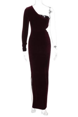 Chic Velvet One-Shoulder Slit Midi Dress - Irregular Cut for Y2K Aesthetic Style