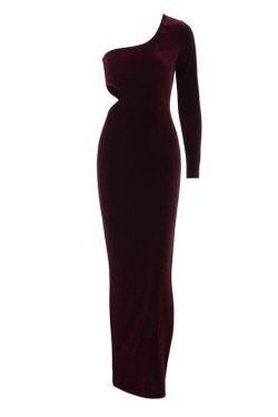 Chic Velvet One-Shoulder Slit Midi Dress - Irregular Cut for Y2K Aesthetic Style