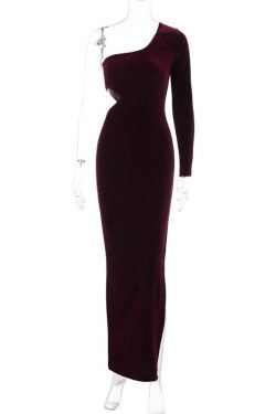 Chic Velvet One-Shoulder Slit Midi Dress - Irregular Cut for Y2K Aesthetic Style