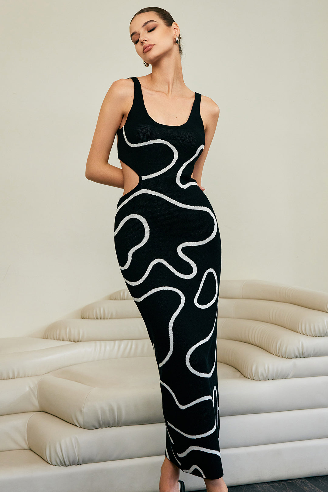 Chic Y2K Cut-Out Knit Maxi Dress with Square Neck for Effortless Coquette Aesthetic