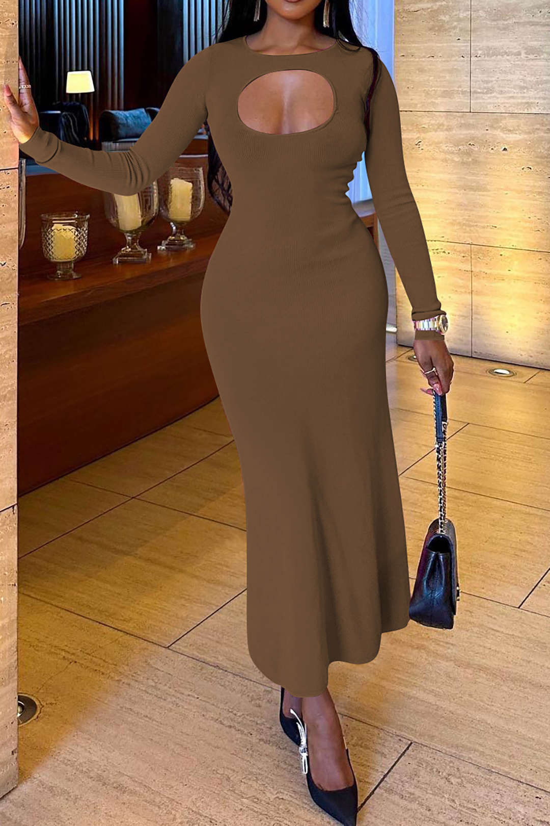 Chic Y2K Cut Out Long Sleeve Maxi Dress for Effortless Coquette Aesthetic Style