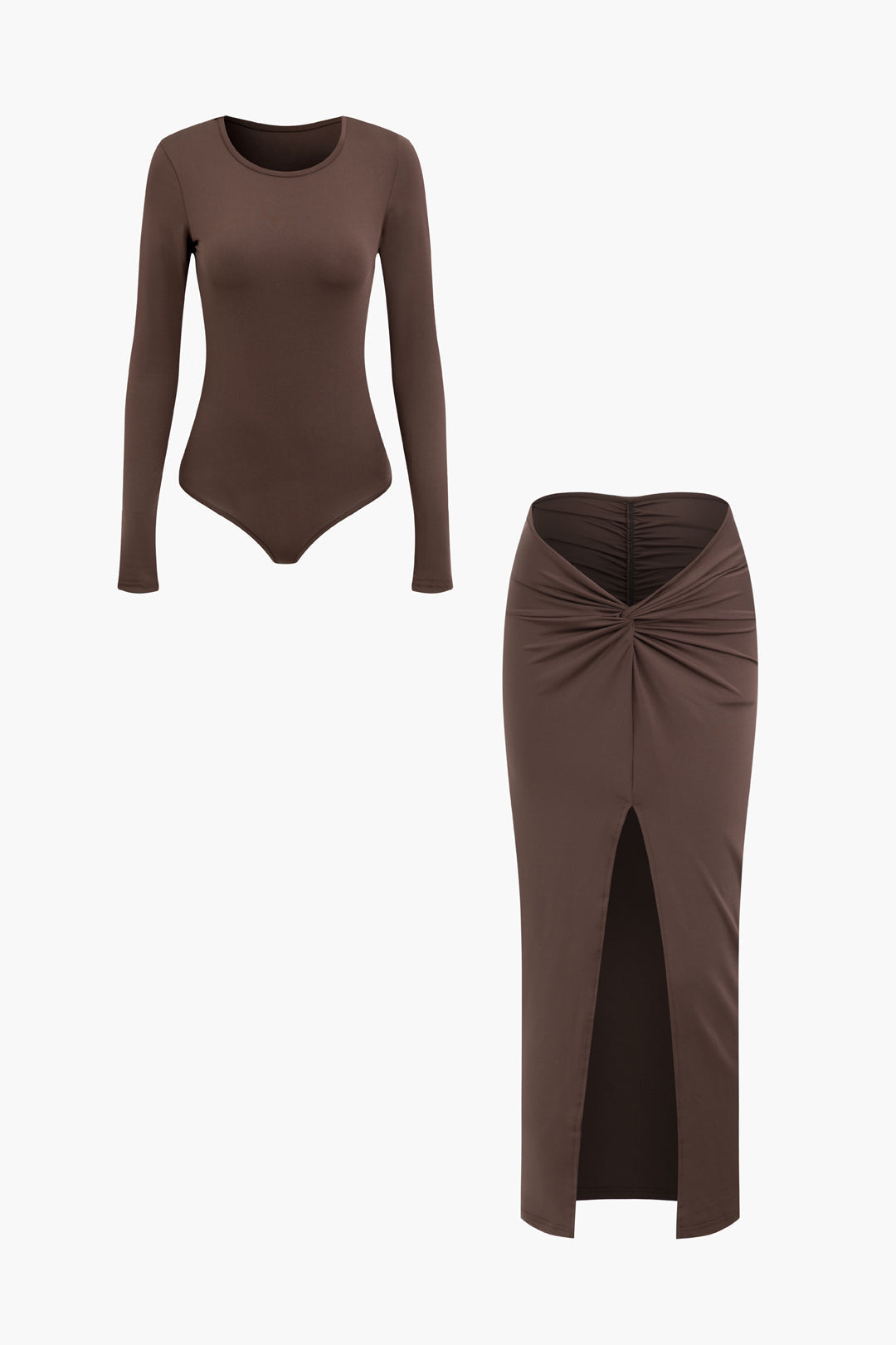 Chic Y2K Fashion: Round Neck Long Sleeve Bodysuit & Ruched Split Maxi Skirt Set