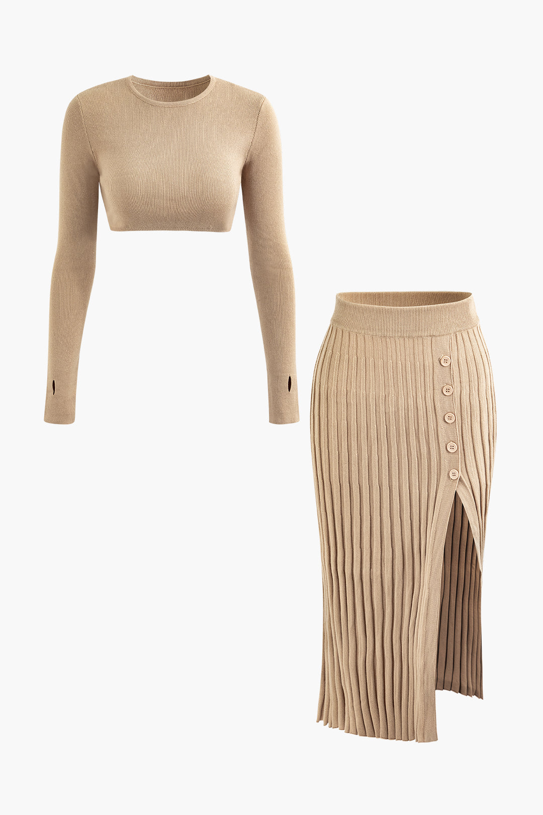 Chic Y2K Fashion: Round Neck Long Sleeve Knit Crop Top & Textured Knit Slit Skirt Set