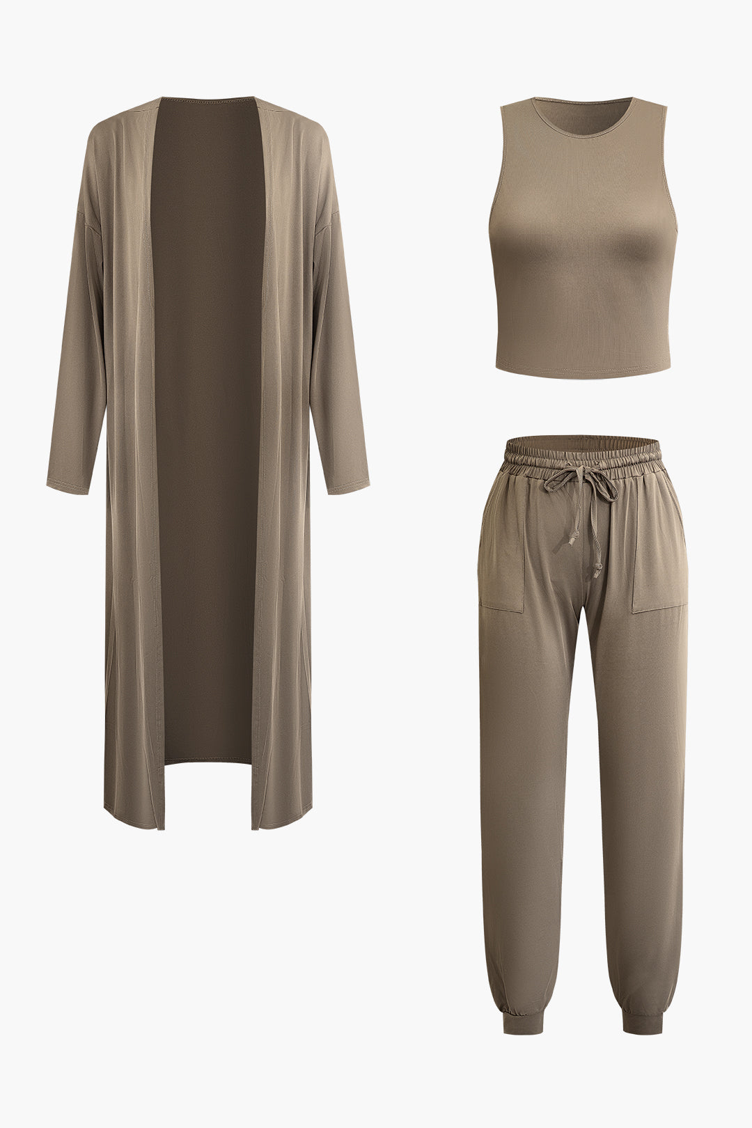 Chic Y2K Fashion: Solid Round Neck Tank Top, Drawstring Cuffed Leg Pants & Long Sleeve Coat Set