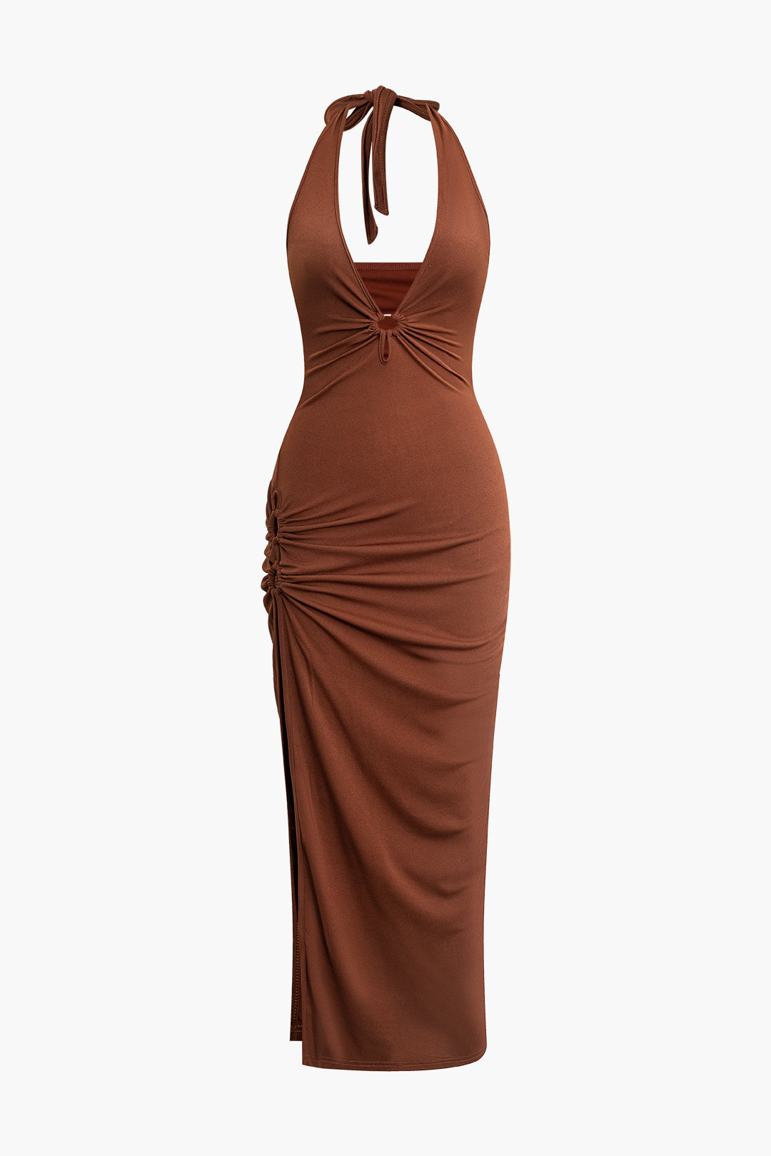 Chic Y2K Fashion Tie Halter Ruched Deep V-Neck Maxi Dress with Slit for Aesthetic Vibes