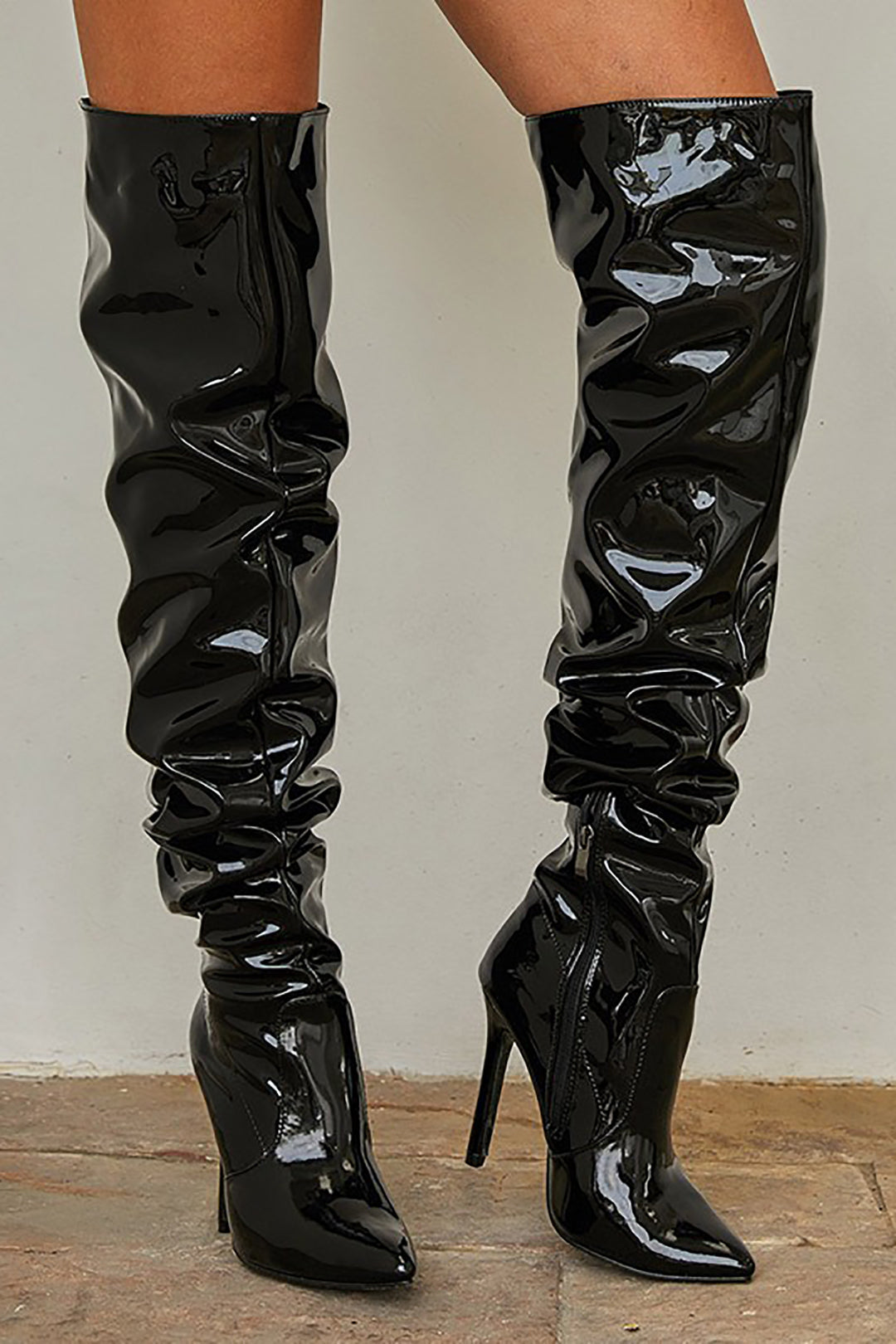 Chic Y2K Patent Leather Pointed Toe Knee High Heeled Boots for Trendy Outfits