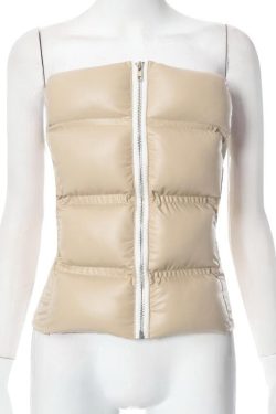 Chic Y2K Style Zip-Up PU Leather Tube Top for a Trendy Winter Look