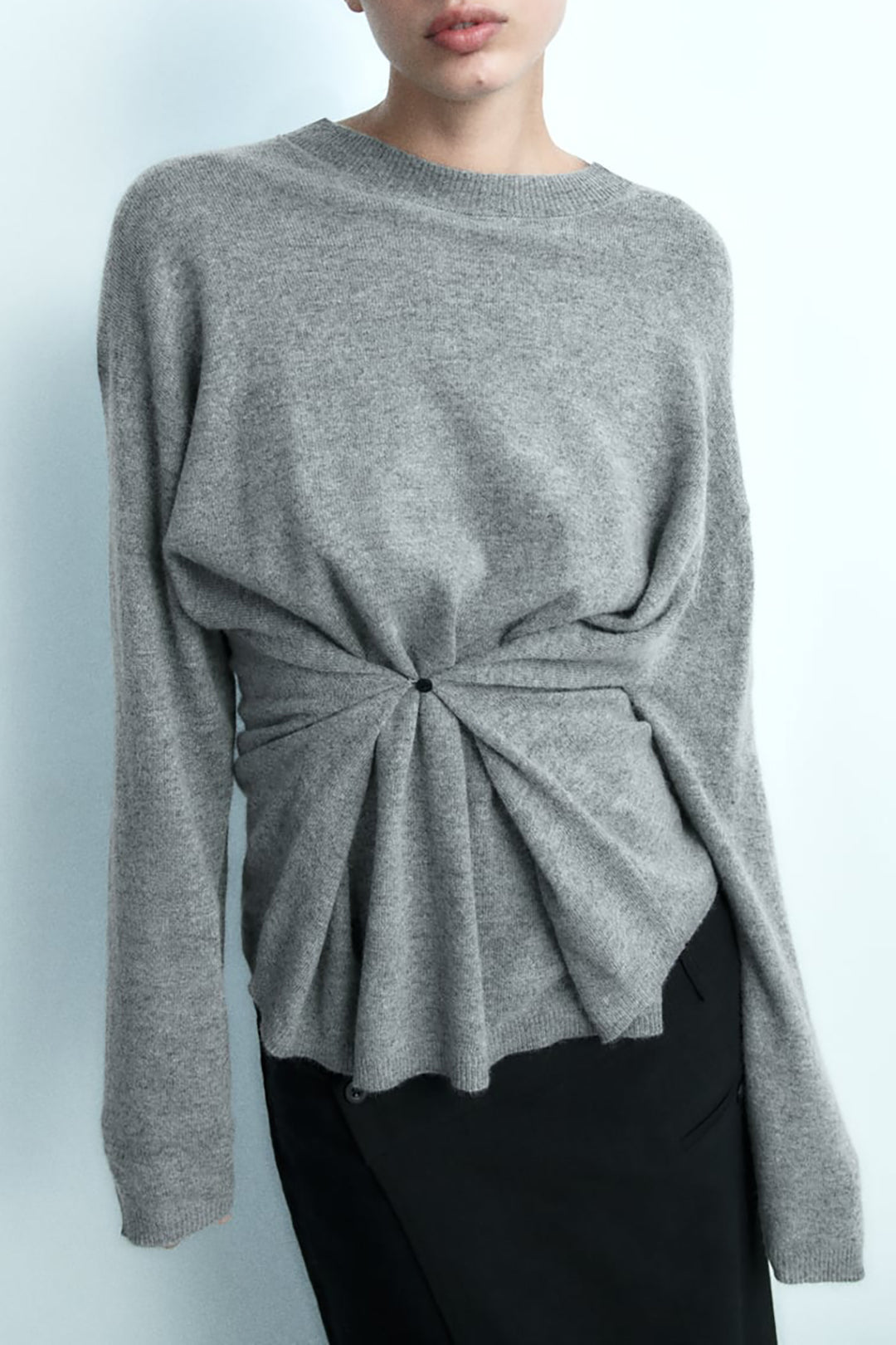 Cinched Waist Long Sleeve Knit Top - Y2K Fashion Comfy Aesthetic Pullover for Stylish Looks