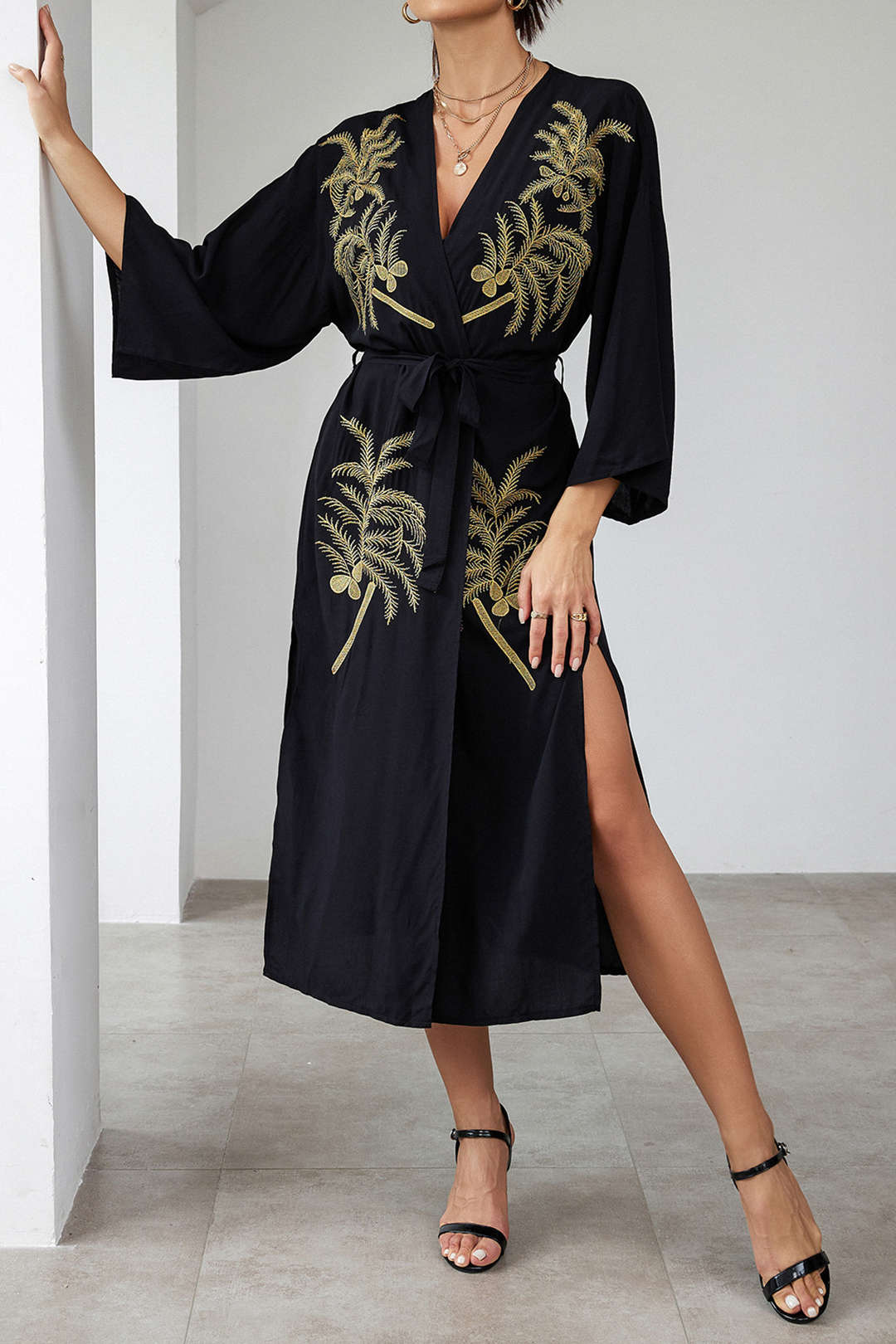 Coconut Tree Embroidery Belted Cover Up - Y2K Aesthetic Beachwear for Summer Vibes