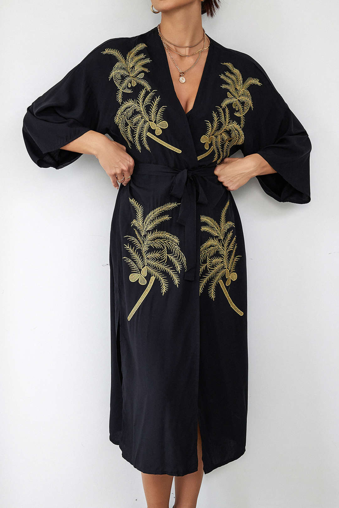 Coconut Tree Embroidery Belted Cover Up - Y2K Aesthetic Beachwear for Summer Vibes