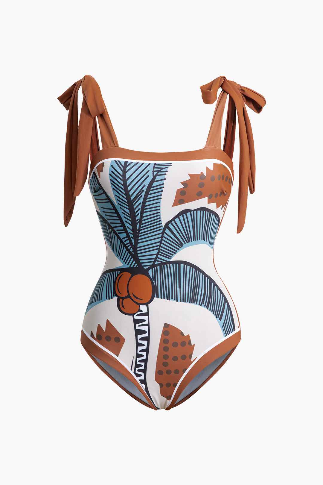 Coconut Tree Print Knot Strap One-Piece Swimsuit for Y2K Aesthetic Beach Vibes