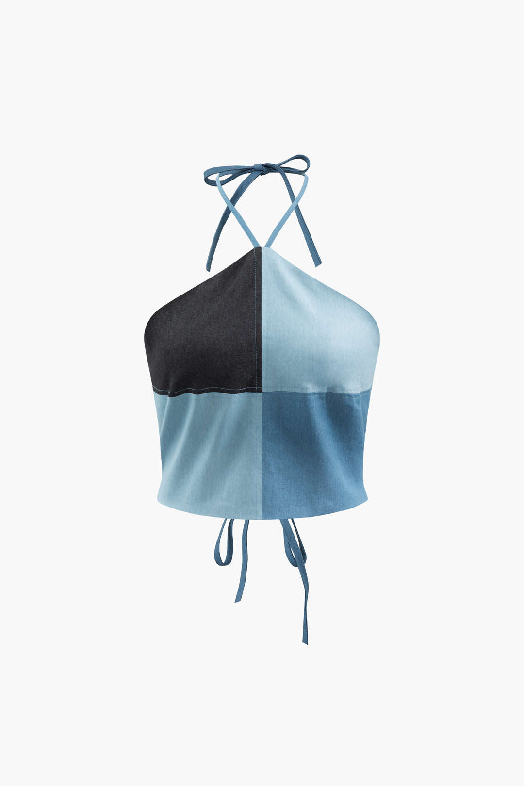 Color Block Denim Halter Top - Y2K Aesthetic Cute Crop Top for Trendy Outfits