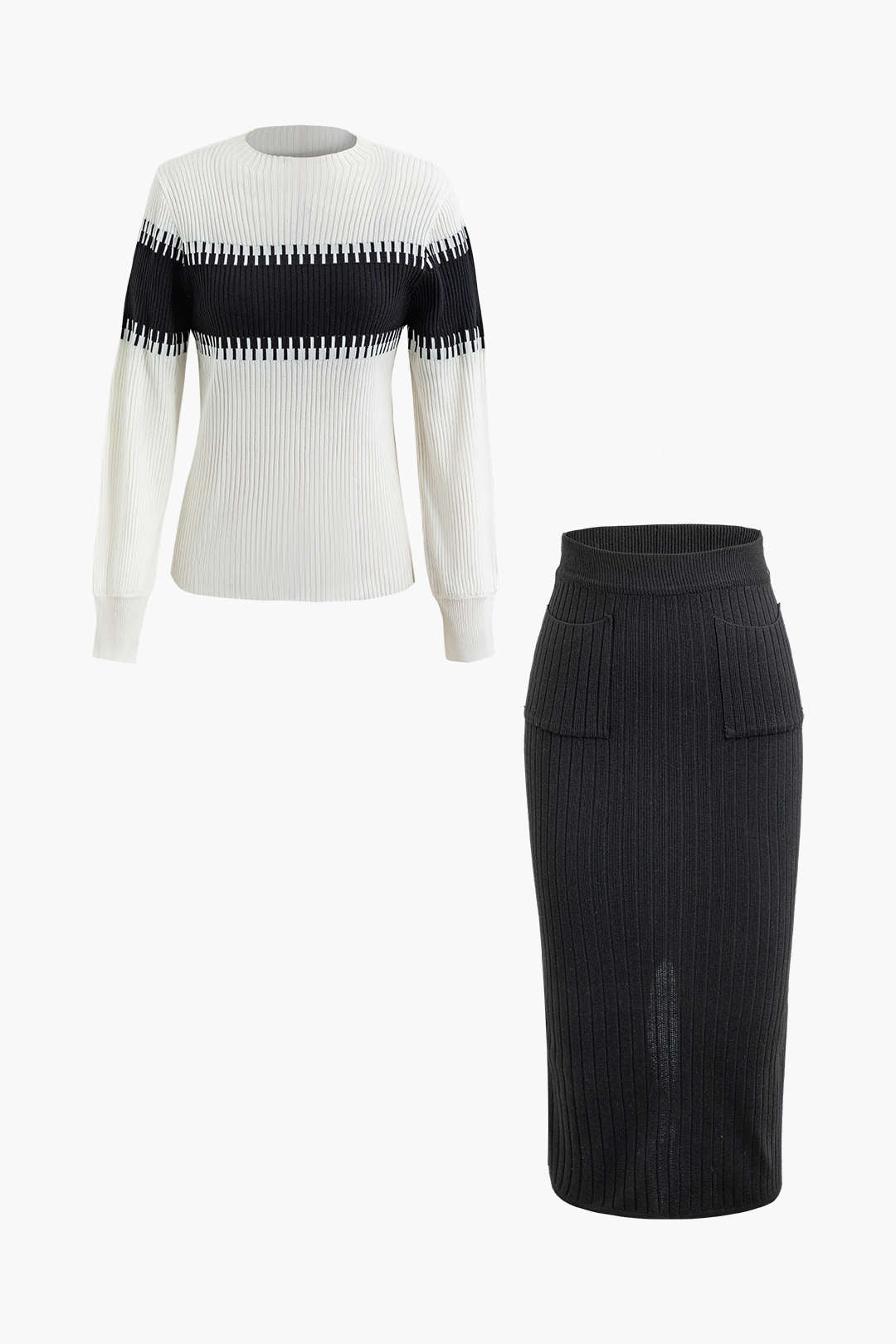 Color Block Ribbed Knit Long Sleeve Top & Midi Skirt Set - Y2K Aesthetic Outfit