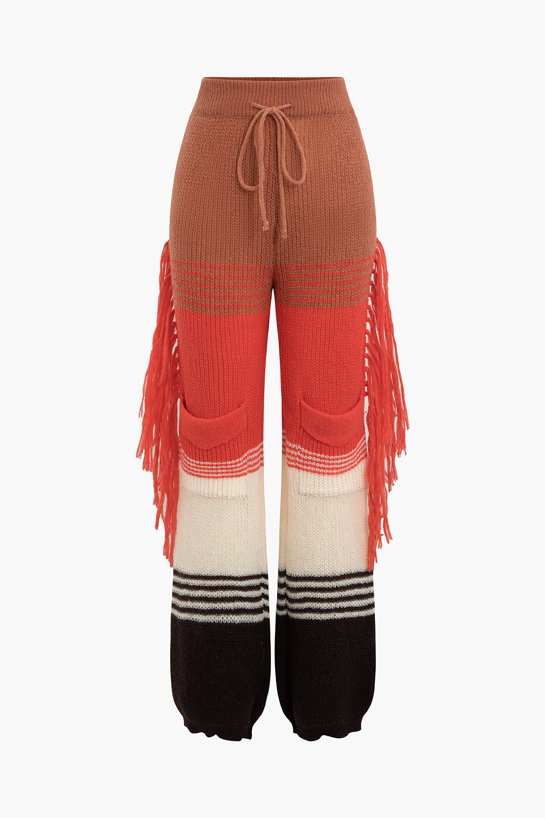 Colorblock Fringe Cuffed Hem Knit Pants - Y2K Aesthetic Comfy Fashion Statement Piece